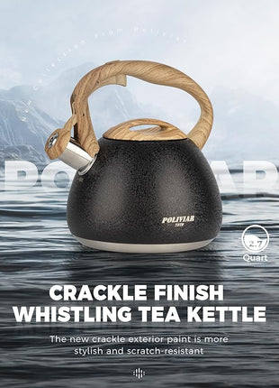 POLIVIAR Tea Kettle, 2.7 Quart Stovetop Tea Kettle, Audible Whistling Teapot with Crackle Finish, Food Grade Stainless Steel for Anti-Rust, Anti Hot Handle, Suitable for All Heat Sources (JX2023-LRB)