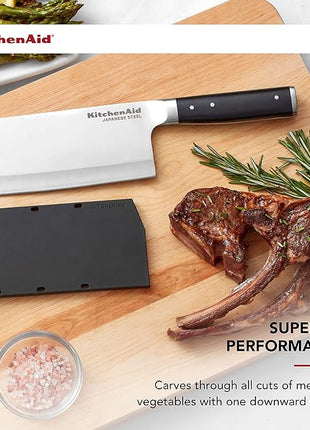 KitchenAid Gourmet Forged Triple Rivet Cleaver Knife with Custom Fit Blade Cover, 6 inch, Sharp Kitchen Knife, High Carbon Japanese Stainless Steel Blade, Meat Cleaver, Black