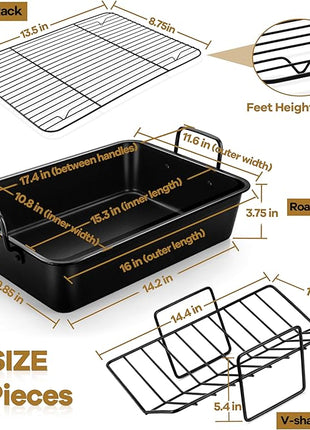 P&P CHEF 16" Roaster Roasting Pan with Baking Rack and V-shaped Rack, Stainless Steel Rectangular Lasagna Pan with Handles for Turkey Chicken, Healthy & Dishwasher Safe, 3 Pieces, Black