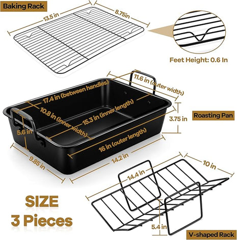 P&P CHEF 16" Roaster Roasting Pan with Baking Rack and V-shaped Rack, Stainless Steel Rectangular Lasagna Pan with Handles for Turkey Chicken, Healthy & Dishwasher Safe, 3 Pieces, Black