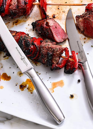 Messermeister Avanta Forged 5” Fine Edge Steak Knife Set - Pack of 2 - German X50 Stainless Steel - Rust Resistant & Easy to Maintain - 8 Steak Knives Total