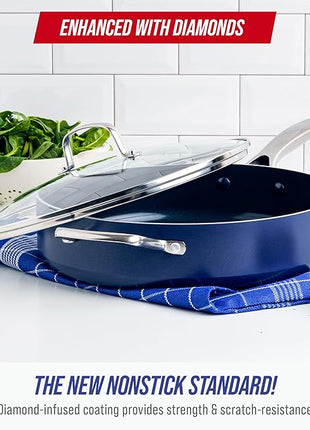 Blue Diamond 5QT Saute Pan with Lid, Non Toxic PFAS-Free Diamond Ceramic Nonstick, Dishwasher & Oven Safe, Metal Utensil Safe, Deep Jumbo Cooker Skillet with Helper Handle, Glass Lid, Blue