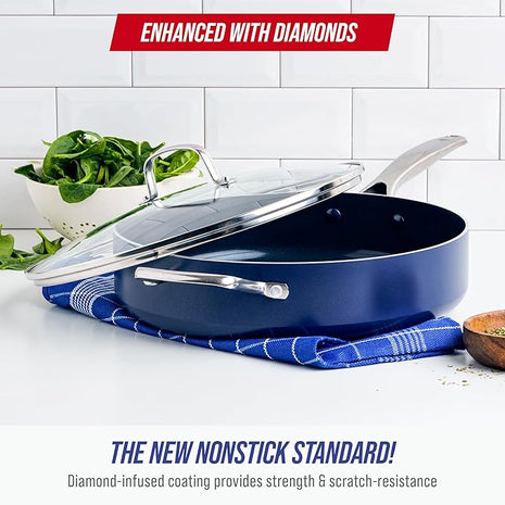 Blue Diamond 5QT Saute Pan with Lid, Non Toxic PFAS-Free Diamond Ceramic Nonstick, Dishwasher & Oven Safe, Metal Utensil Safe, Deep Jumbo Cooker Skillet with Helper Handle, Glass Lid, Blue