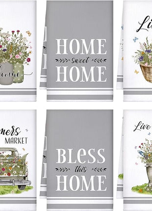 Boyiee Set of 6 Floral Kitchen Towels Wildflower Dish Towels Butterfly Truck Tea Towels 24 x 16 Inches Absorbent Hand Towels Flower Lover Housewarming Gifts for Farmhouse Kitchen Bathroom Decorations