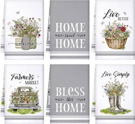 Boyiee Set of 6 Floral Kitchen Towels Wildflower Dish Towels Butterfly Truck Tea Towels 24 x 16 Inches Absorbent Hand Towels Flower Lover Housewarming Gifts for Farmhouse Kitchen Bathroom Decorations