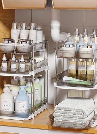 Delamu 2 Pack 3-Tier Bathroom Under Sink Organizers and Storage, Multi-Purpose Stackable Pantry Organization and Storage, Pull Out Clear Kitchen Bathroom Cabinet Organizer with Movable Dividers, Grey