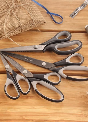 BambooMN Titanium Softgrip Scissors Set - Pinking, Sewing, Arts, Crafts, Office - 1 Set of 4 - Black w/Grey Inlays