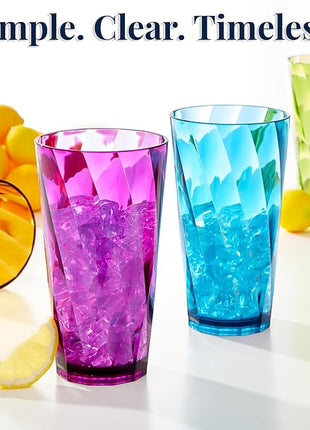 US Acrylic Optix Plastic Reusable Drinking Glasses (Set of 8) 20oz Water Cups in Jewel Tone Colors | BPA-Free Tumblers, Made in USA | Top-Rack Dishwasher Safe