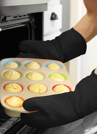 BPA-Free Silicone Oven Mitts Ultra Heat Resistant up to 500°F - Oven Mitts with Thick Cotton Liner - Long Slip Resistant Pot Holders, Flexible Oven Gloves - Black 13.7"