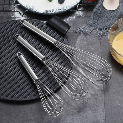 Berglander Whisk Set Pack of 3, Stainless Steel Whisks for Cooking 8",10",12", Wire Ballon Wisk (Silver)