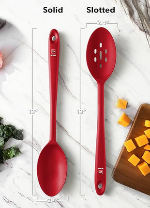 DIORO Silicone Mixing & Serving Spoons - Large Heat-Resistant Non Stick Utensils Big Solid & Slotted Basting & Stirring Spoons - Dishwasher Safe (2pc, Red)