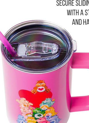 Silver Buffalo Care Bears Watercolor Heart Ombre Stainless Steel Tumbler with Handle and Straw, Fits in Standard Cup Holder, 40 Ounces