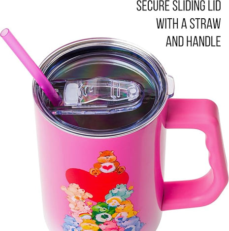 Silver Buffalo Care Bears Watercolor Heart Ombre Stainless Steel Tumbler with Handle and Straw, Fits in Standard Cup Holder, 40 Ounces