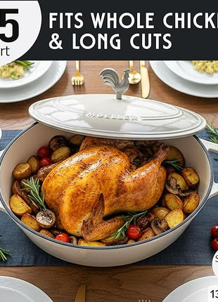 MUELLER HOME 5.5 Quart Enameled Cast Iron Oval Dutch Oven with Rooster Knob & Cotton Potholders, Heavy-Duty Cookware, Oven-Safe up to 500° F & Across All Cooktops, Gifts for Grandma & Women, White