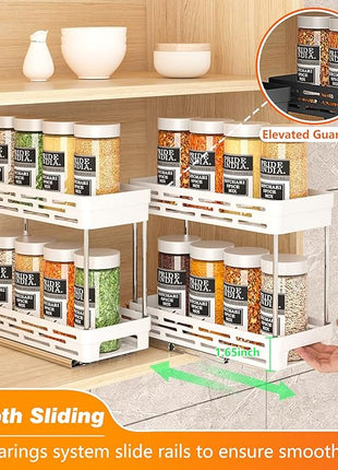 Pull Out Spice Rack Organizer for Cabinet, 2 Pack Slide Out Spice Racks Organizer, Spice Cabinet Organizers, Cabinet Size Need:12'' Highx11'' Deepx5'' Wide,Hold 10 Spice Jar Each Tier-2Tier, White