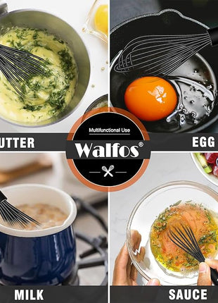 Walfos Silicone Whisk,7+9in Mini Whisk,BPA Free,Small Whisks for Non-Scratch,Heat Resistant (450°F) Nice for stirring individual eggs and mixing small amounts of powder and sauce.Dishwasher Safe.Black