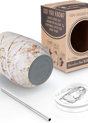 THILY Stainless Steel Stemless Wine Glass Triple Vacuum Insulated Tumbler Travel Cute Cup with Lid, Reusable Straw, Keep Cold & Hot for Wine, Coffee, Xmas Gift, Gold Marble