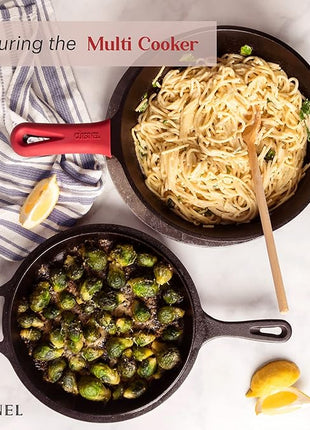 Cuisinel Cast Iron 23-Pc Cookware Set - 8" Skillet + Cast Iron Lid + 12"+Lid + 10" Braiser with Lid + Grill Pan + Lid + Griddle + 5-Qt Dutch Oven + Multi-Cooker + 12"+15" Pan Rack + Scraper + Handles