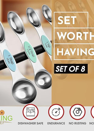 Spring Chef Stainless Steel Magnetic Measuring Spoons Set of 8 with Leveler, Metal Teaspoon & Tablespoon Measuring Spoons for Dry and Liquid Ingredients, Kitchen Gadgets for Baking & Cooking - Pastel