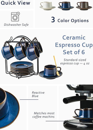 YHOSSEUN Espresso Cups Set of 6, 4 OZ Expresso Shots Cup Small Coffee Cup with Sacuers Metal Stand, Ceramic Espresso Cups for Cappuccino, Latte, Cafe Mocha and Tea, Blue