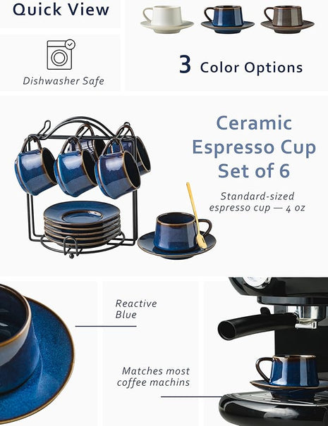 YHOSSEUN Espresso Cups Set of 6, 4 OZ Expresso Shots Cup Small Coffee Cup with Sacuers Metal Stand, Ceramic Espresso Cups for Cappuccino, Latte, Cafe Mocha and Tea, Blue