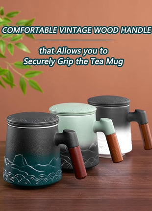 ZENS Tea Cup with Infuser and Lid for Loose Leaf Steeping, 16.9oz Embossed Ceramic Tea Infuser Mug, Wood Handle Tea Diffuser, Great Gift
