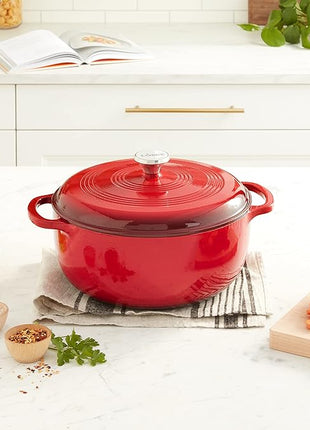 Lodge 7.5 Quart Enameled Cast Iron Dutch Oven with Lid – Dual Handles – Oven Safe up to 500° F or on Stovetop - Use to Marinate, Cook, Bake, Refrigerate and Serve – Island Spice Red