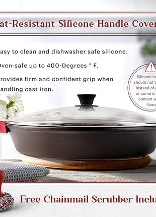 Cuisinel Cast Iron Skillet + Glass Lid + Red Chainmail Scrubber - 15"-Inch Dual Handle Braiser Frying Pan + Silicone Handle Covers - Pre-Seasoned Oven, Grill, Stovetop, Fire Cookware - Indoor/Outdoor