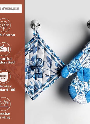 Maison d' Hermine 100% Cotton Oven Mitt & Pot Holder Set (7.5"x13" & 8"x8") Heat Resistant BBQ Cooking Gloves with Loop, Baking, Grilling, Kitchen, Handling Hot Pans Spring/Summer (Summer Blues)
