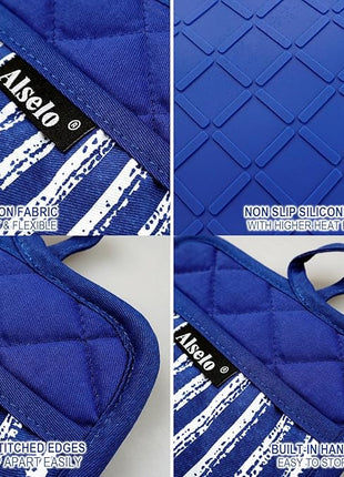 Silicone Pot Holders Set of 3 Heat Resistant & Non Slip Potholders, Professional Oven Hot Pads with Pockets Mitts for Kitchen Cooking Baking Barbecue (Cobait Blue, 3)