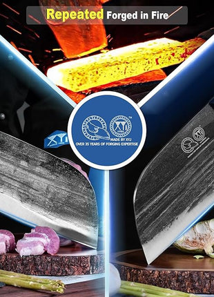 XYJ Authentic Since 1986,Ancient Forged Butcher Knives,Serbian Chef Knife With Sheath,Tiny Knife,Chinese Vegetable Meat Cleaver For Kitchen Camping Outdoor,Full Tang,High Carbon Steel (7.5 inch)