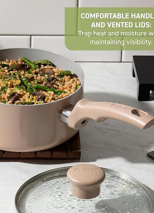 T-Fal Refresh Ceramic Nonstick Cookware Set, 12-Piece, Oven Safe to 350°F, Includes Stockpot, Griddle, Frying Pans, Utensils, Ceramic Pots and Pans Set, Sand Beige