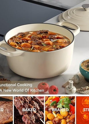 Miereirl 6 Quart Enameled Dutch Oven Pot with Lid, Cast Iron Dutch Oven with Dual Handles for Bread Baking, Cooking, Non-stick Enamel Coated Cookware (Beige)