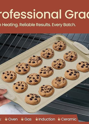 BAKKEN Cookie Sheets for Baking Nonstick Set - 3-Piece Stackable Carbon Steel Baking Sheet Pans Set with Silicone Handles, Non Toxic Cookie Sheets for Baking Bakeware Set - White Marble