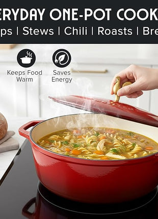 MUELLER HOME 5.5 Quart Enameled Cast Iron Oval Dutch Oven w Rooster Knob & Cotton Potholders, Heavy-Duty Cookware, Oven-Safe up to 500° F & Across All Cooktops, Gifts for Grandma & Women, Red