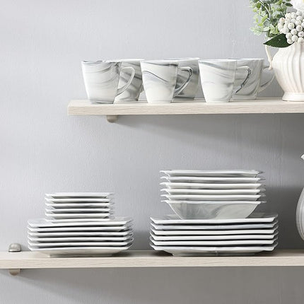 MALACASA Dinnerware Sets, 30 Piece Porcelain Plates and Bowls Sets for 6, Square Dish Set with Dinner Plates Set, Cup and Saucer, Modern Dishware Dishes Microwave Safe, Marble Grey, Series Blance