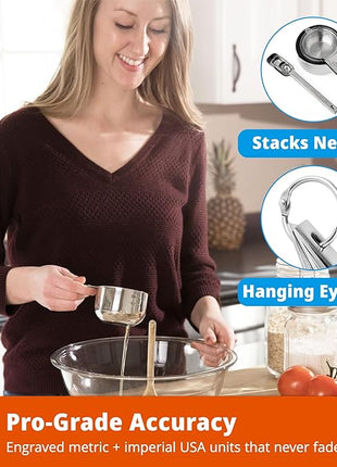 Heavy-Duty 304 Stainless Steel Measuring Cup Set (18-Piece) - Stackable, Dual Metric/US, Long & Narrow Spoons for Spice Jars + 5 Mini Spoons