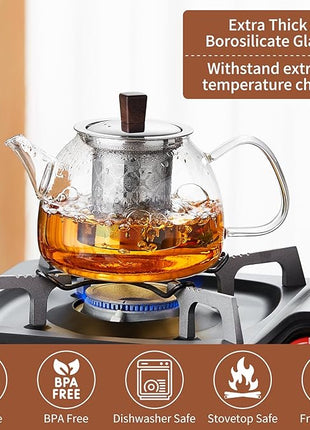 34OZ/1000ml Glass Teapot with Stainless Steel Infuser, Drip-Free Spout, and Wooden Knob Lid – Stovetop Safe Borosilicate Tea Kettle for Loose Leaf and Herbal Tea Brewing