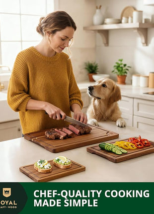 ROYAL CRAFT WOOD Acacia Wood Cutting Boards Set of 3 – Premium Wooden Cutting Boards for Kitchen Meal Prep & Serving - Charcuterie & Chopping Butcher Block for Meat with Deep Juice Groove Side Handles