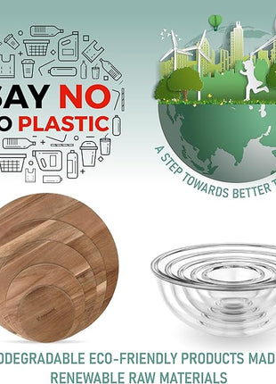 Stackable Space-Saving Set of 5 Nesting Glass Bowls with Acacia Lids for Foodprep, Storage, Mixing & Cooking - Microwave & Oven-ready BPA Free Durable Heat Resistant Inert Borosilicate Glass