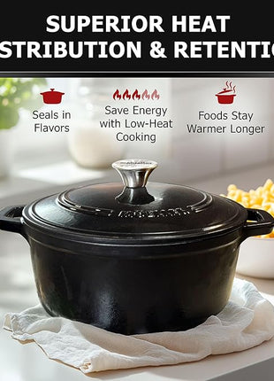 MUELLER HOME 6 Quart Enameled Cast Iron Pot Dutch Oven, Heavy-Duty Oven-Safe up to 500° F, & Across All Cooktops, Casserole Dishes for Ovens, Bread Pan with Lid and Knob, Cast Iron Cookware, Black