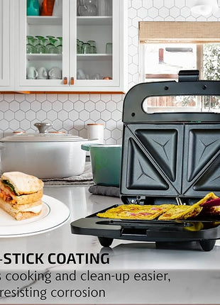 OVENTE Electric Sandwich Maker with Non-Stick Plates, Indicator Lights, Cool Touch Handle, Easy to Clean and Store, Perfect for Cooking Breakfast, Grilled Cheese, Tuna Melts and Snacks, Black GPS401B