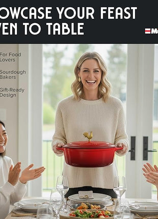 MUELLER HOME 5.5 Quart Enameled Cast Iron Oval Dutch Oven w Rooster Knob & Cotton Potholders, Heavy-Duty Cookware, Oven-Safe up to 500° F & Across All Cooktops, Gifts for Grandma & Women, Red