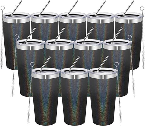 MEWAY 20oz Tumbler 12 Pack Double Wall Vacuum Insulated Travel Glitter Mug Bulk, Stainless Steel Tumblers with Lid and Straw, Powder Coated Coffee Cups for Woman(Gradient Black,Set of 12)