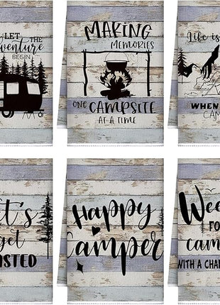 Boyiee Set of 6 Camping Kitchen Towels Happy Camper Tea Towels Absorbent Farmhouse Dish Towels with Funny Sayings 24 x 16 Inches Camping Hand Towels for RV Campers Lovers Gifts Accessories Decorations