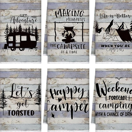 Boyiee Set of 6 Camping Kitchen Towels Happy Camper Tea Towels Absorbent Farmhouse Dish Towels with Funny Sayings 24 x 16 Inches Camping Hand Towels for RV Campers Lovers Gifts Accessories Decorations