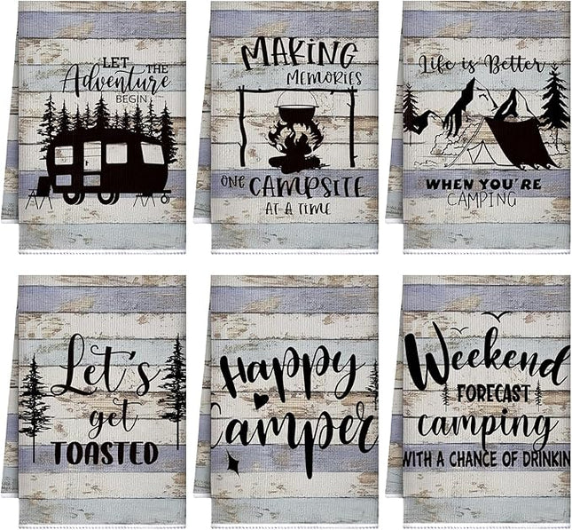 Boyiee Set of 6 Camping Kitchen Towels Happy Camper Tea Towels Absorbent Farmhouse Dish Towels with Funny Sayings 24 x 16 Inches Camping Hand Towels for RV Campers Lovers Gifts Accessories Decorations