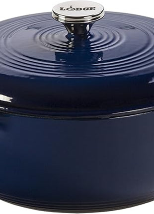 Lodge 6 Quart Enameled Cast Iron Dutch Oven with Lid – Dual Handles – Oven Safe up to 500° F or on Stovetop - Use to Marinate, Cook, Bake, Refrigerate and Serve – Indigo