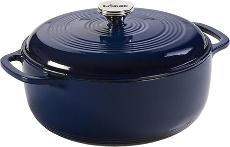 Lodge 6 Quart Enameled Cast Iron Dutch Oven with Lid – Dual Handles – Oven Safe up to 500° F or on Stovetop - Use to Marinate, Cook, Bake, Refrigerate and Serve – Indigo