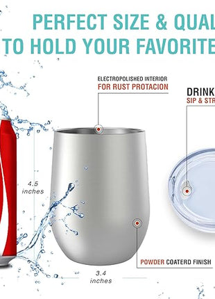 CHILLOUT LIFE 12 oz Stainless Steel Wine Tumbler with Lid - Double Wall Vacuum Insulated Wine Cup Glass Keeping Cold & Hot for Coffee, Champagne, Cocktails, Ice Cream - Dishwasher Safe Finish